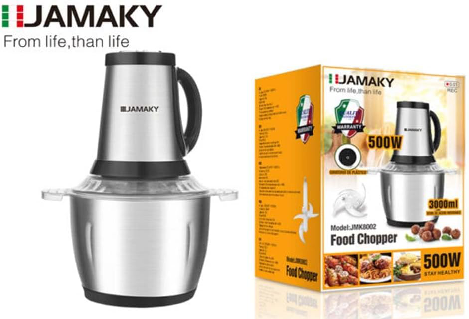 Jamaky Electric Chopper, 500 Watt, 3 Liter, Stainless Steel, Silver, JMK8002