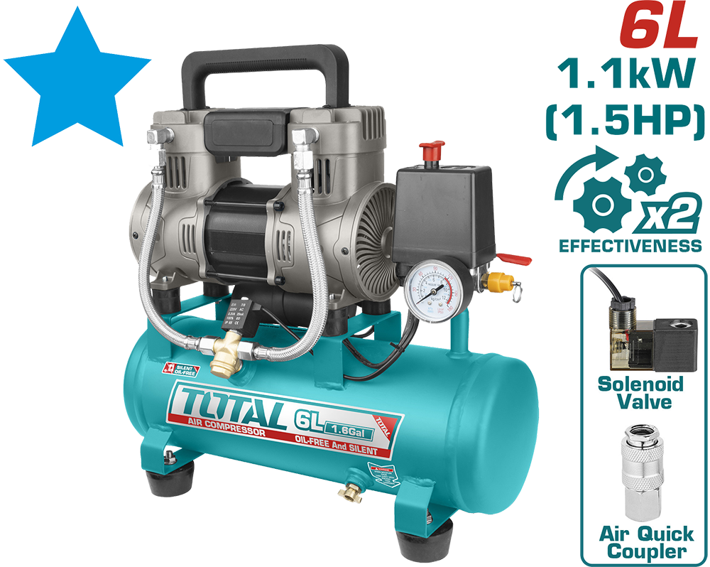 Total Tools Air Compressor, 1.5 HP, 6 Litre, Oil Free, TCS-1110062