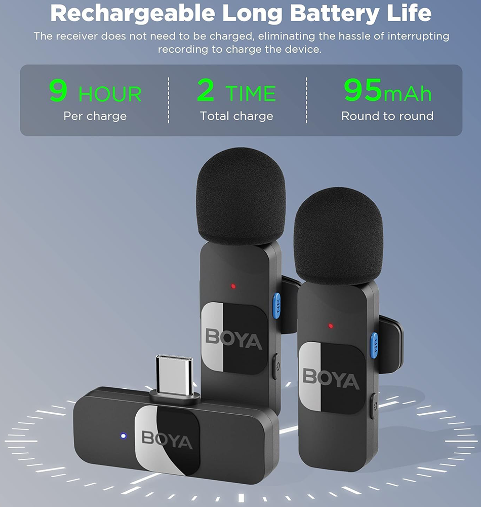 BOYA Wireless Microphone, Type-C, Noise Reduction, LED Indicator, Black, BY-V20