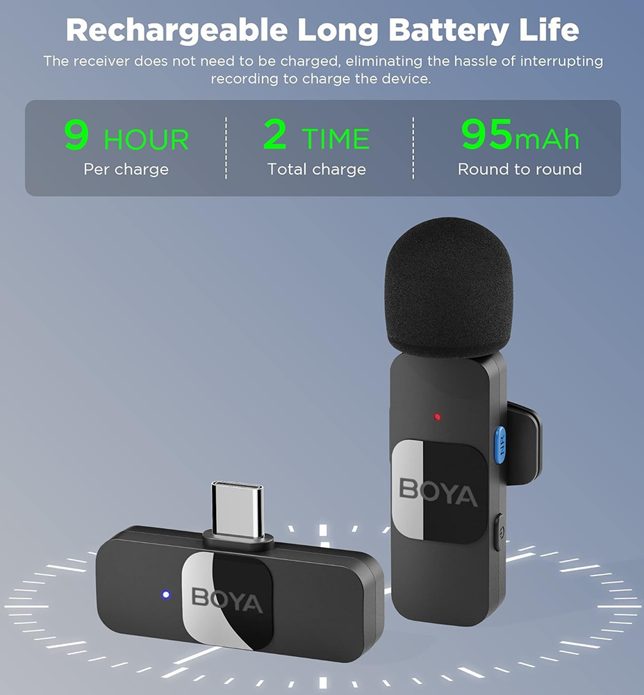 BOYA Wireless Microphone, Type-C, Noise Reduction, LED Indicator, Black, BY-V10
