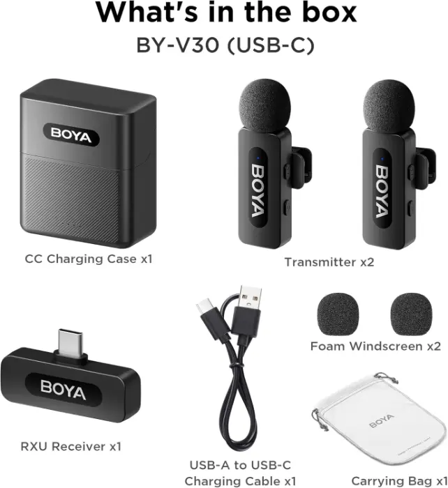 BOYA Wireless Microphone, USB Type-C, Noise Cancelling, Black, BY-V30