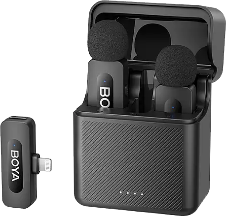 BOYA Dual Channel Wireless Microphone, 2.4GHz, Lightning Receiver Input, USB-C Charging Port, Noise Cancelling, Black, BY-V3