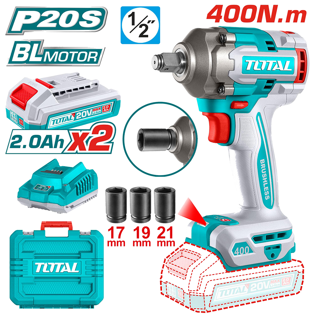 Total Tools Drill, 1-2 Inch, 20V, 400Nm, 2 Battery, TIWLI-2040