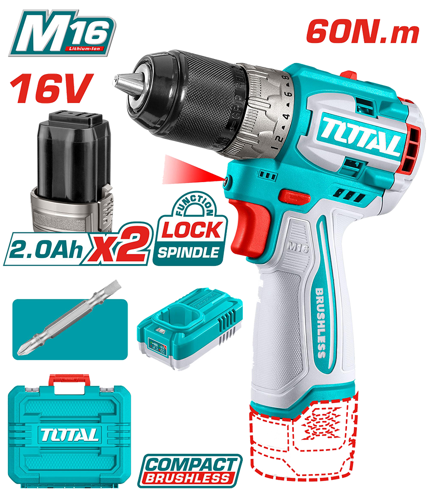 شنيور برشلس توتال تولز، بدون شربون، 16 فولت، 60 نيوتن ، مع بطاريتين، أزرق ، TDLI16682