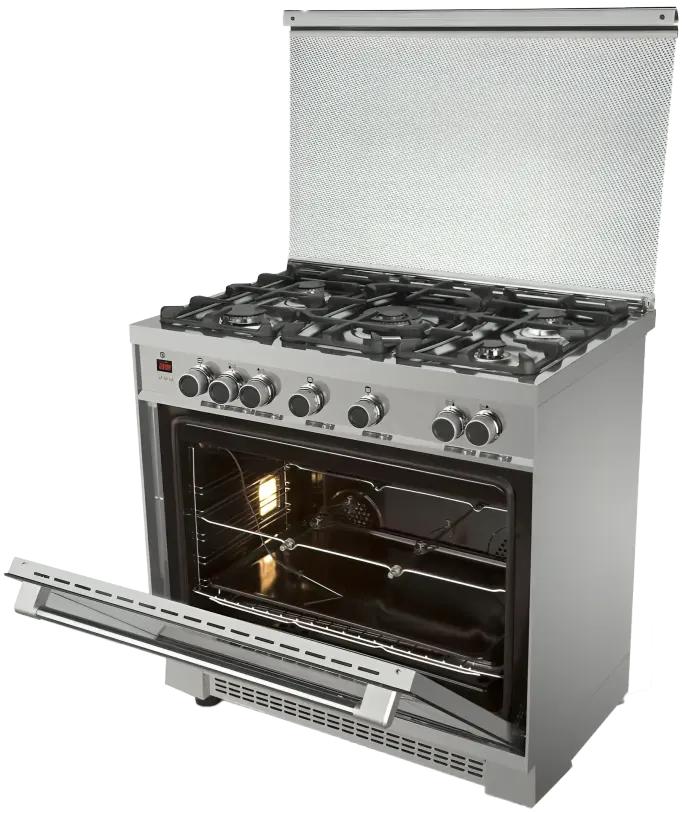 Kiriazi Smart Premier Cooker 60*90 cm, 5 Burners, Tube Gas, Full Safety, Stainless Steel Cast Iron Pot Holders, Silver, 90FC9-1