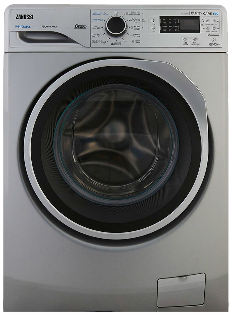 Zanussi Front Load Full Automatic Washing Machine , 7 Kg , 1200 RPM TC4 , Digital Screen , Silver Black Door , ZWF7240SS5