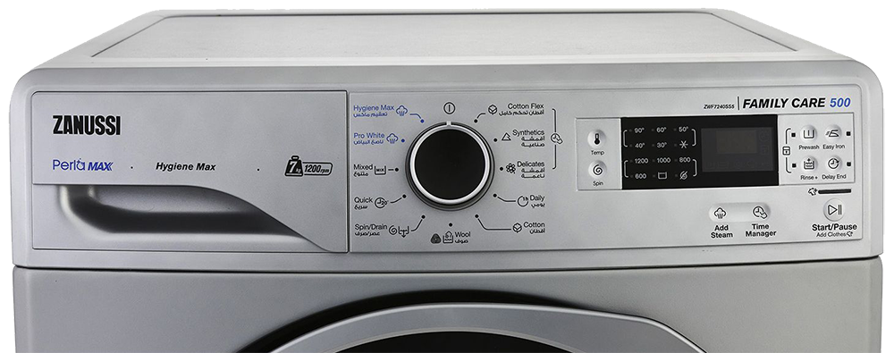 Zanussi Front Load Full Automatic Washing Machine , 7 Kg , 1200 RPM TC4 , Digital Screen , Silver Black Door , ZWF7240SS5