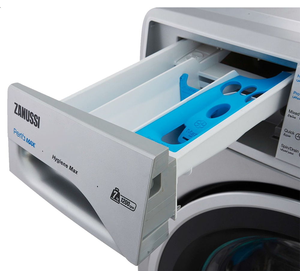 Zanussi Front Load Full Automatic Washing Machine , 7 Kg , 1200 RPM TC4 , Digital Screen , Silver Black Door , ZWF7240SS5