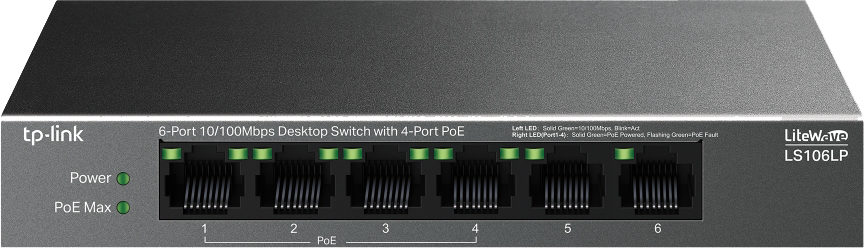 سويتش تي بي لينك ، 6 منافذ 10-100 ميجابايت في الثانية ، 4 منافذ POE+ ، أسود ، LS106LP