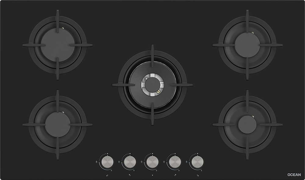 Ocean Built-in Hob , 90 cm , 5 Burners , Cast Iron Holders , Full Safety, Black Glass, Made in Turkey, OHGGR9401NPROSV