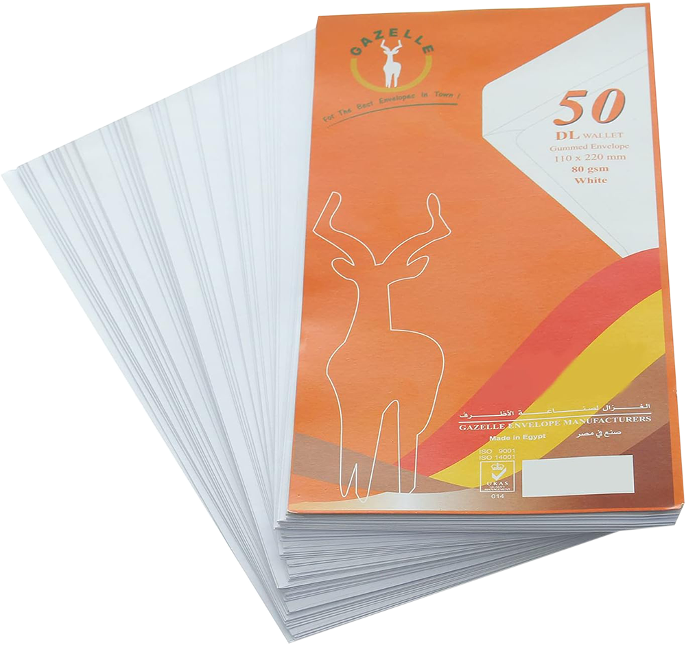 Gazelle DL Paper Envelope , 50 Pieces, 220 x 110 mm , 80 Gram , White