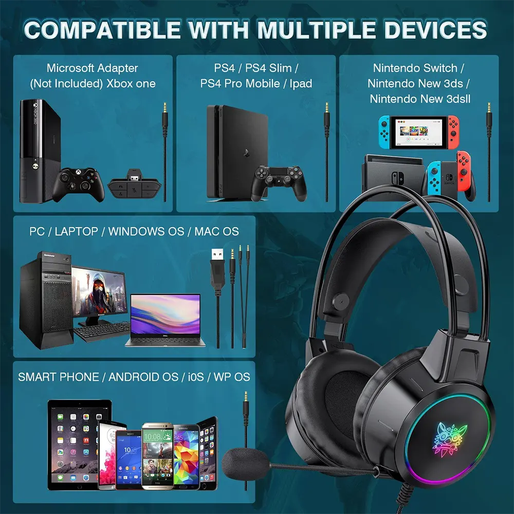 Onikuma X15 PRO Wired Gaming Headphone , RGB Lighting , Noise-Cancelling Mic , Multi-Color