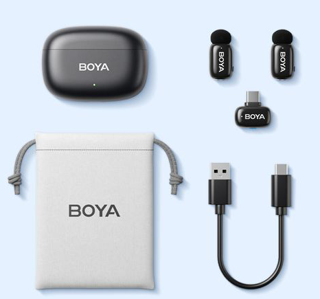 BOYA ultra Mini Wireless Microphone, Dual Channel, Noise Cancellation , 2.4GHz, TYPE-C, Black, MINI-14