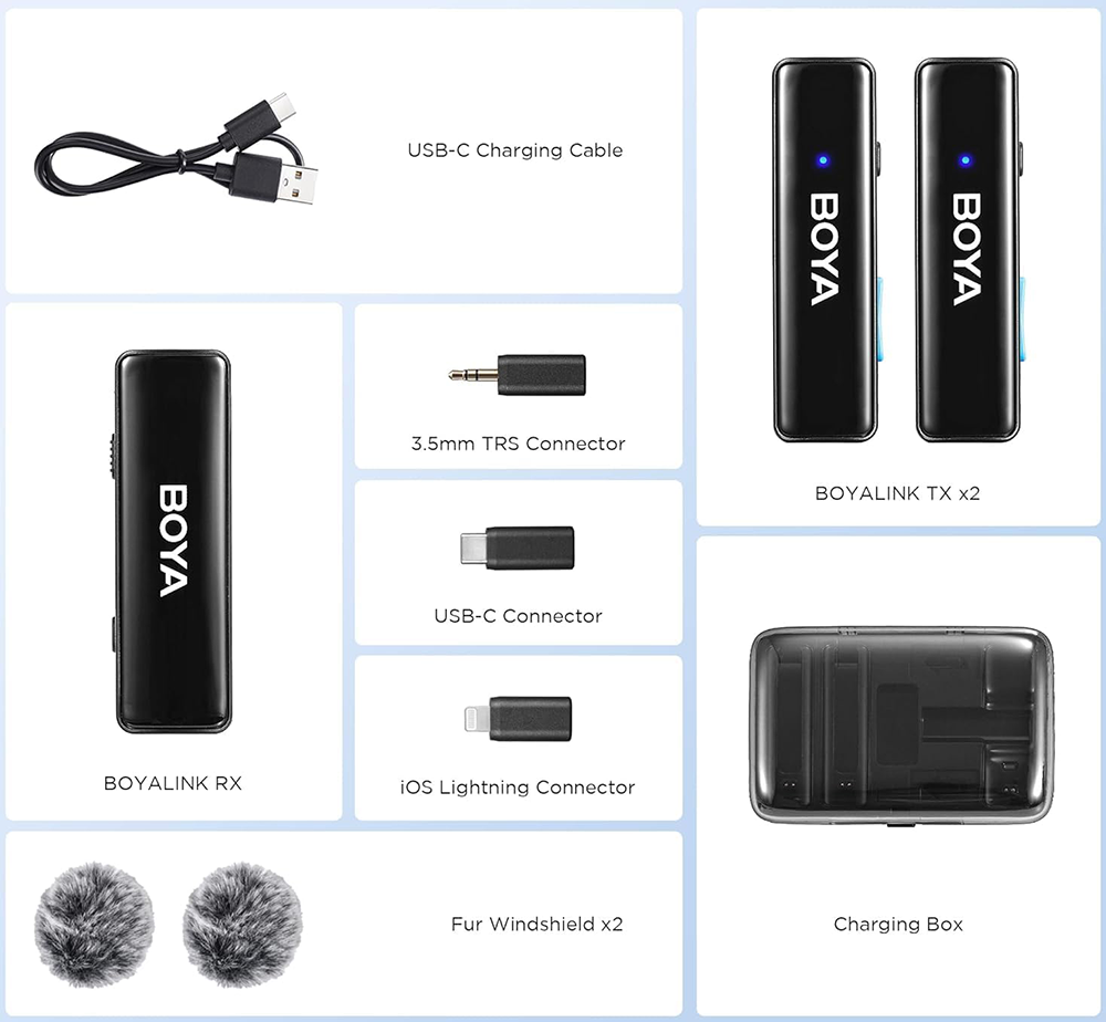 مايكروفون لاسلكي بويا ، خاصية الغاء الضوضاء ، مدى 300 متر ، 3.5 TRS, Type -C, Lightning ، أسود ، BOYALINK V2