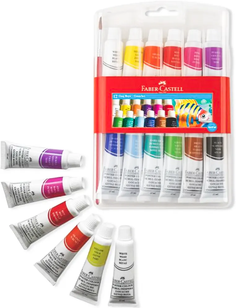 Faber Castell Tube Gouache Paint 12 Colors, 12ml, Brush, Multi-Color, 121011
