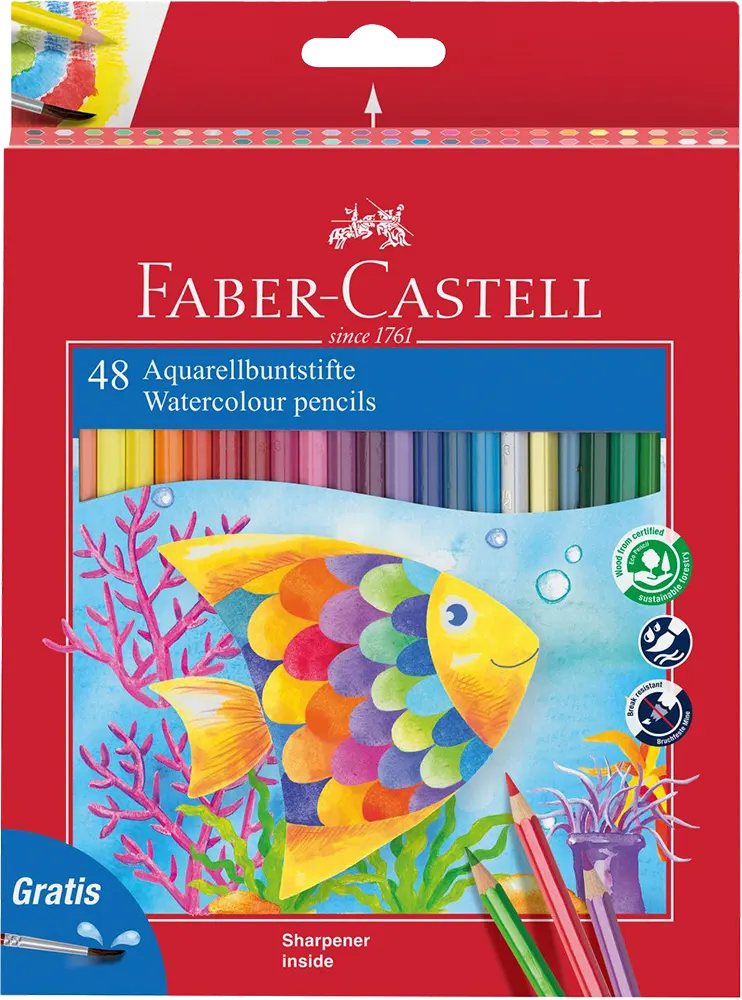 Faber-Castell Classic Color Watercolor Pencil Set, 48 Colors, Brush, Assorted Colors