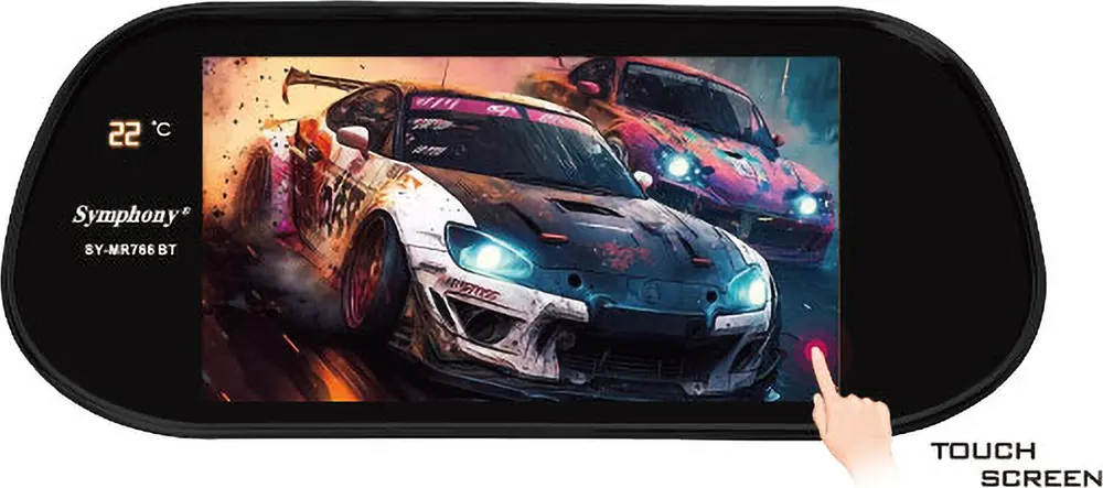 Symphony Mirror Car Screen, 7-Inch Touch Screen, Bluetooth, USB, Memory Card, Remote Control, Black Color, Model SY-MR766BT