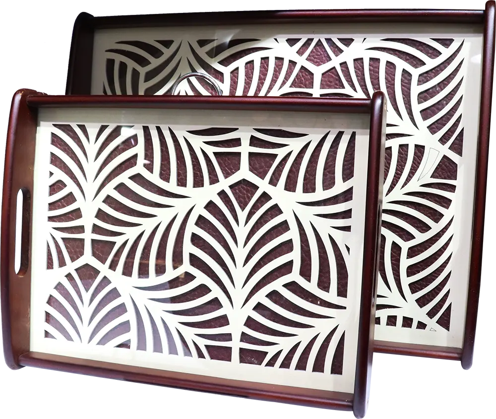 Al-Andalos Decorated Wooden Serving Trays Set, 2 Pieces, Brown Color