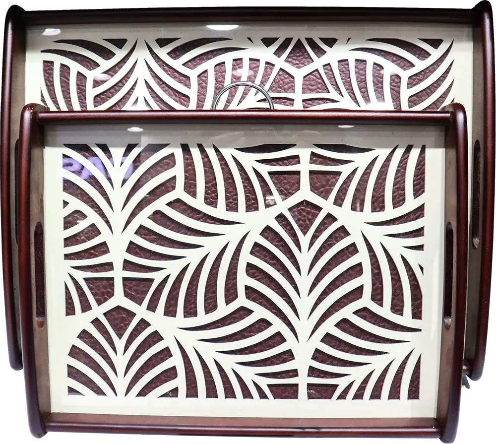 Al-Andalos Decorated Wooden Serving Trays Set, 2 Pieces, Brown Color