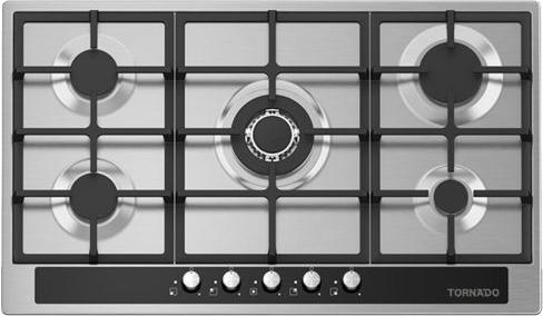 Tornado Built-in Gas Hob, 90 cm, 5 Burners, Full Safety, Cast Iron Pot Holders, Stainless Steel, Silver*Black, GHV-M90CSU-BK