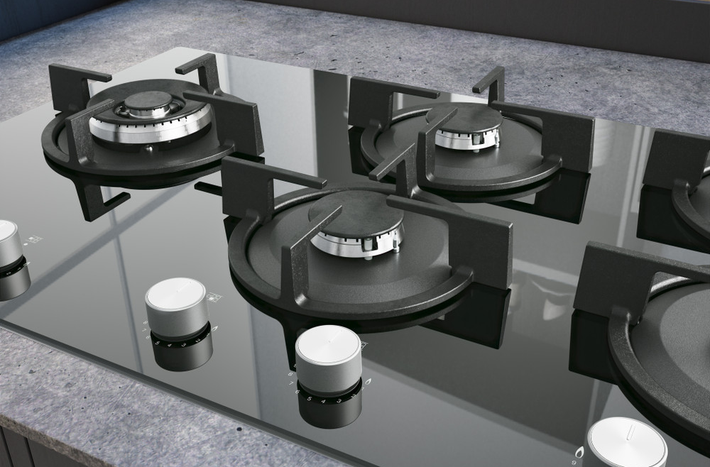 بوتاجاز مسطح بلت ان غاز اريستون، 90 سم، 5 شعلة، امان كامل، حوامل أواني زهر، زجاج ، اسود ، AGS-92S-BK