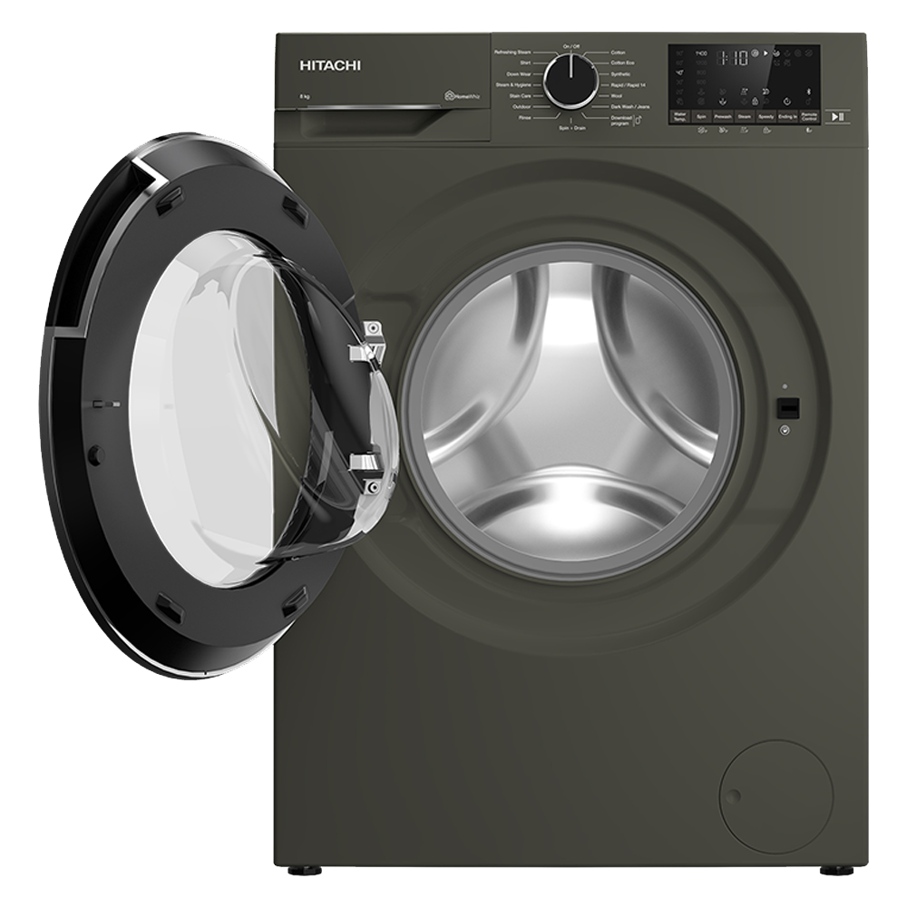 غسالة ملابس فول اتوماتيك هيتاشى ، 8 كيلو ، 1400 لفة ، انفرتر ، خاصية البخار ، صناعه تركي ، رمادى ، BD-80YFVEM