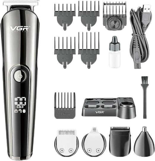 ماكينة حلاقة كهربائية في جي أر للرجال ، 11*1 ، قابلة لإعادة الشحن ، شاشة LED ، مقاومة للماء ، اسود*فضي ، V-107