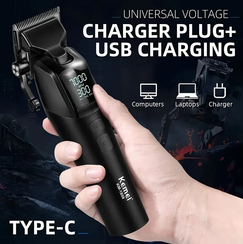 ماكينة حلاقة شعر كيمي للرجال ، شاشة ال اي دي ، قابلة لأعادة للشحن شحن USB ، موديل KM-1858