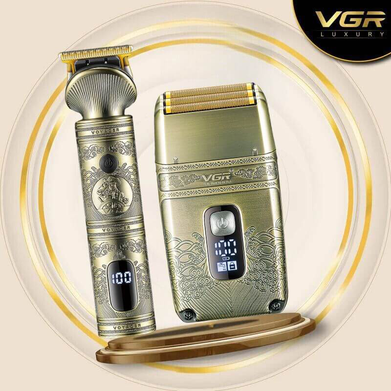 مجموعة ماكينة حلاقة كهربائية في جي ار للرجال ،2 في1 ، شاشة LED ، قابلة لإعادة الشحن ، TYPE-C ، مقاومة للماء ، ذهبي ، V-649