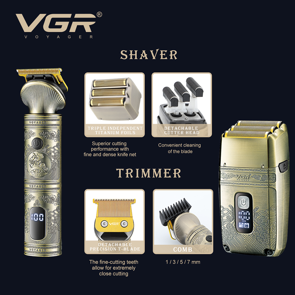 مجموعة ماكينة حلاقة كهربائية في جي ار للرجال ،2 في1 ، شاشة LED ، قابلة لإعادة الشحن ، TYPE-C ، مقاومة للماء ، ذهبي ، V-649