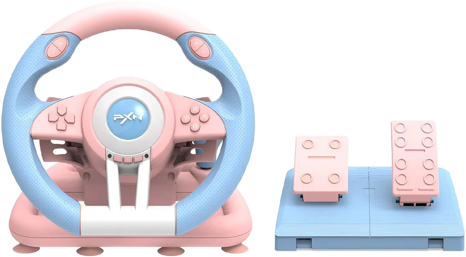 عجلة قيادة لألعاب السباقات من بي اكس ان ، دواسات بنزين وفرامل ، فتيس ، اهتزازت ، أزرق*بينك، v3-pro