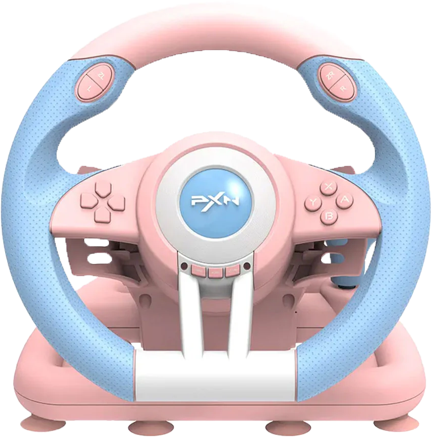 عجلة قيادة لألعاب السباقات من بي اكس ان ، دواسات بنزين وفرامل ، فتيس ، اهتزازت ، أزرق*بينك، v3-pro