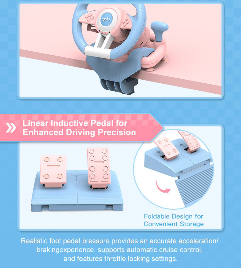 عجلة قيادة لألعاب السباقات من بي اكس ان ، دواسات بنزين وفرامل ، فتيس ، اهتزازت ، أزرق*بينك، v3-pro