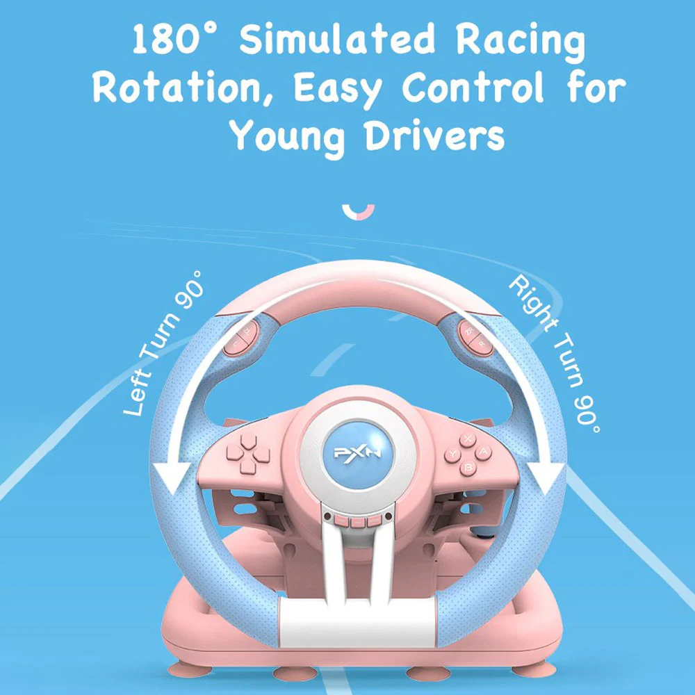 عجلة قيادة لألعاب السباقات من بي اكس ان ، دواسات بنزين وفرامل ، فتيس ، اهتزازت ، أزرق*بينك، v3-pro