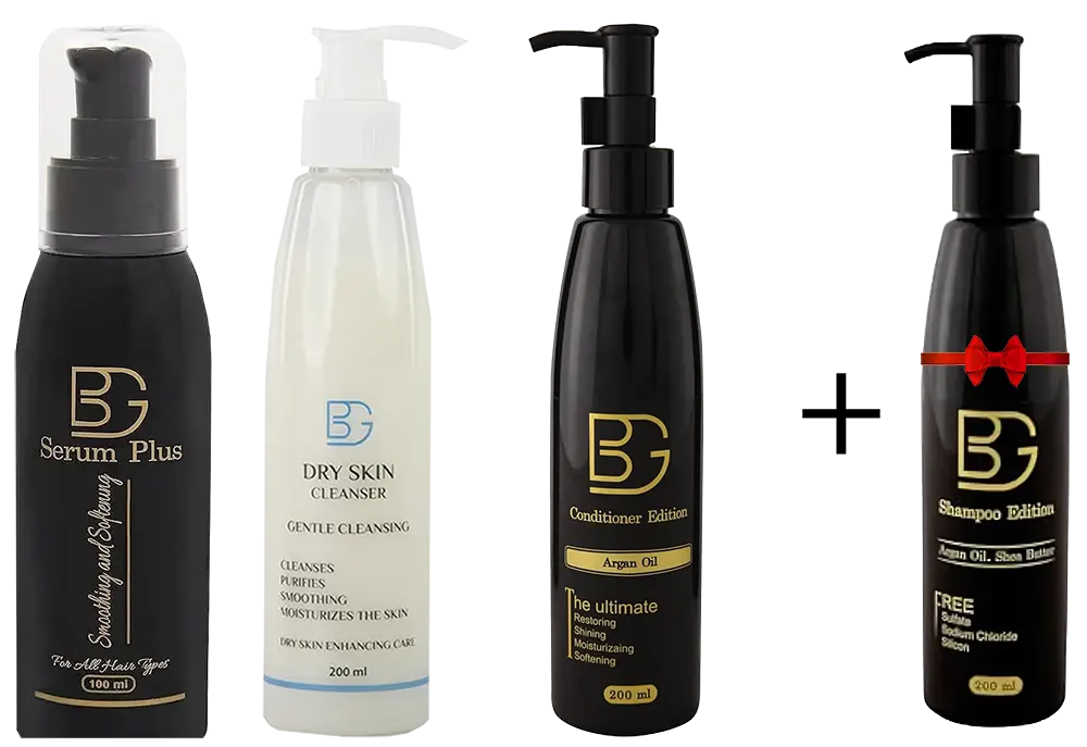 عرض بى جى سيروم للبشرة وغسول للبشرة الجافة و بلسم للشعر + شامبو هدية