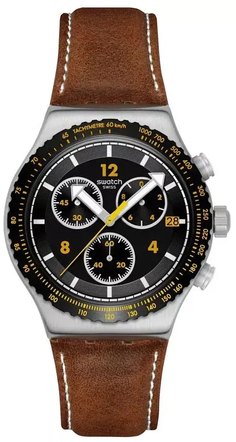 ساعة سواتش للرجال، عقارب ، بتصميم دائري ، سوار جلد بني، إطار اسود، YVS530
