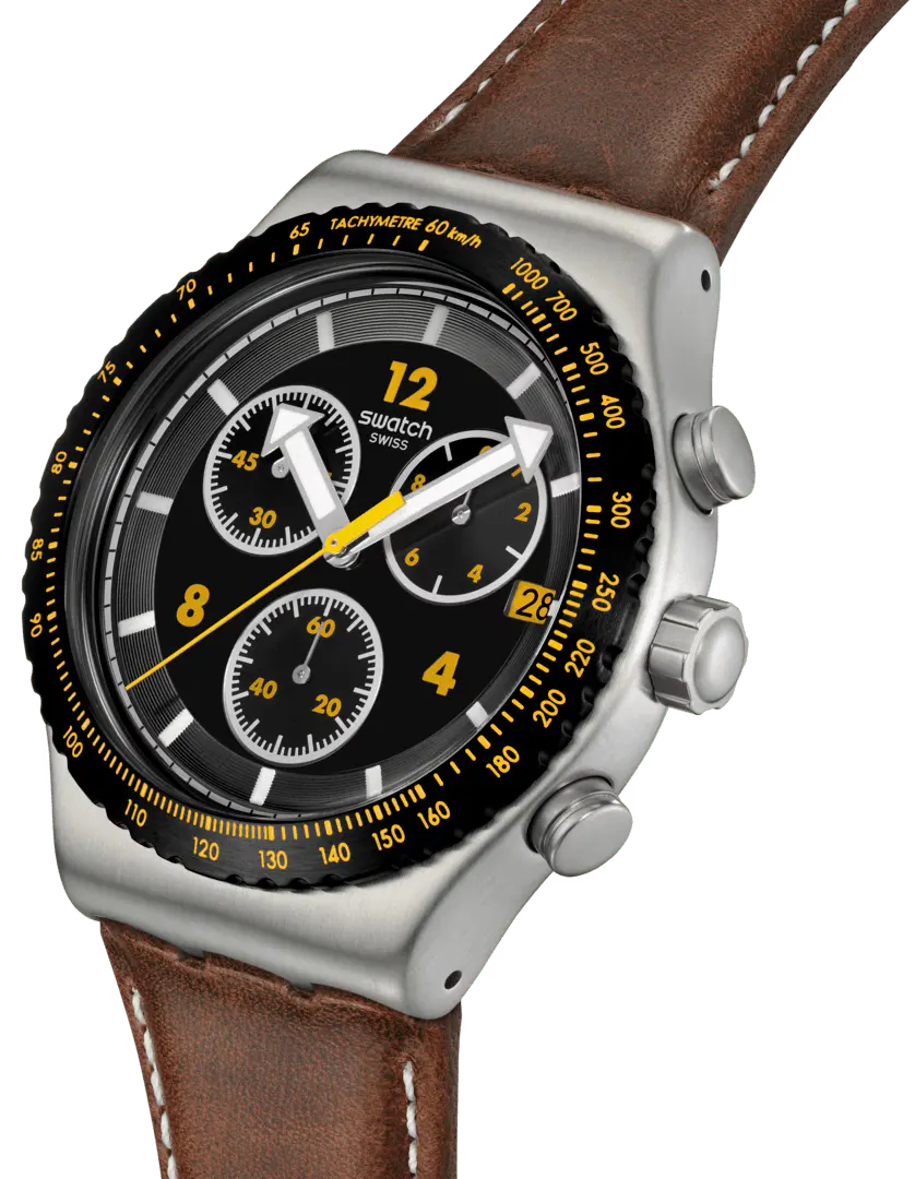 ساعة سواتش للرجال، عقارب ، بتصميم دائري ، سوار جلد بني، إطار اسود، YVS530