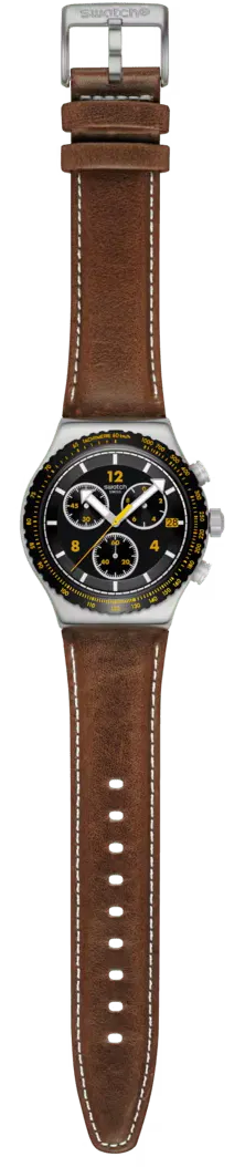 ساعة سواتش للرجال، عقارب ، بتصميم دائري ، سوار جلد بني، إطار اسود، YVS530