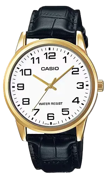Casio Men's Watch, White Dial, Round Hands ,Black Leather Strap, Analog Wrist Watch, Gold Stainless Steel Case, MTP-V001GL-7BUDF