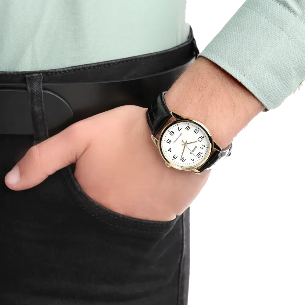 Casio Men's Watch, White Dial, Round Hands ,Black Leather Strap, Analog Wrist Watch, Gold Stainless Steel Case, MTP-V001GL-7BUDF