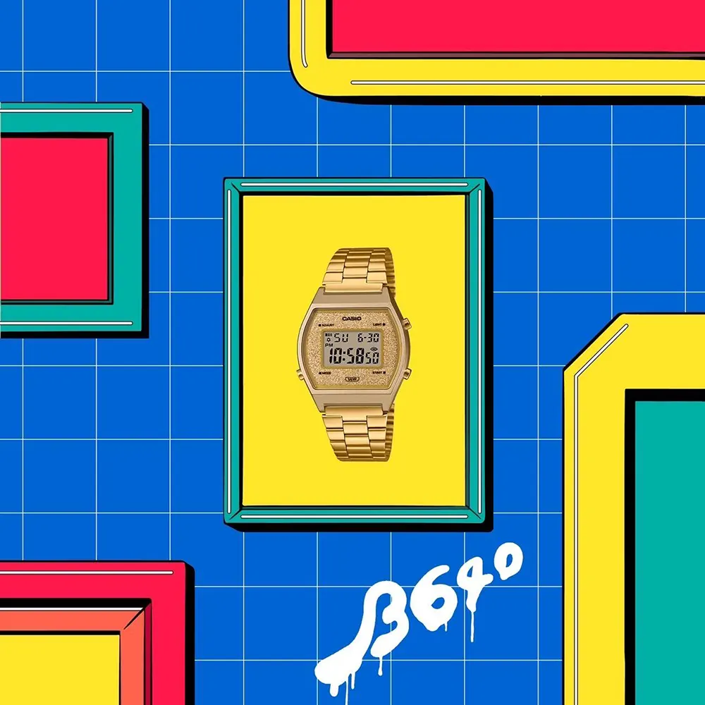 ساعة كاسيو رقمية للجنسين، مينا ذهبية، سوار ستانلس ستيل ذهبي، B640WGG-9DF