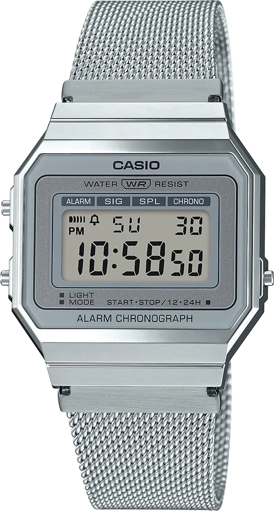 ساعة كاسيو رقمية للجنسين، مينا فضية، سوار ستانلس ستيل فضي، A700WM-7ADF