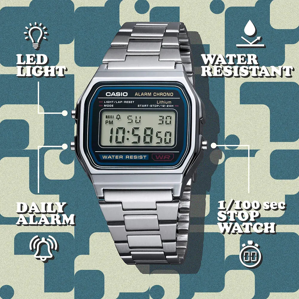 Casio Unisex Digital Watch, Silver Dial, Silver Stainless Steel Strap, A158WA-1DF