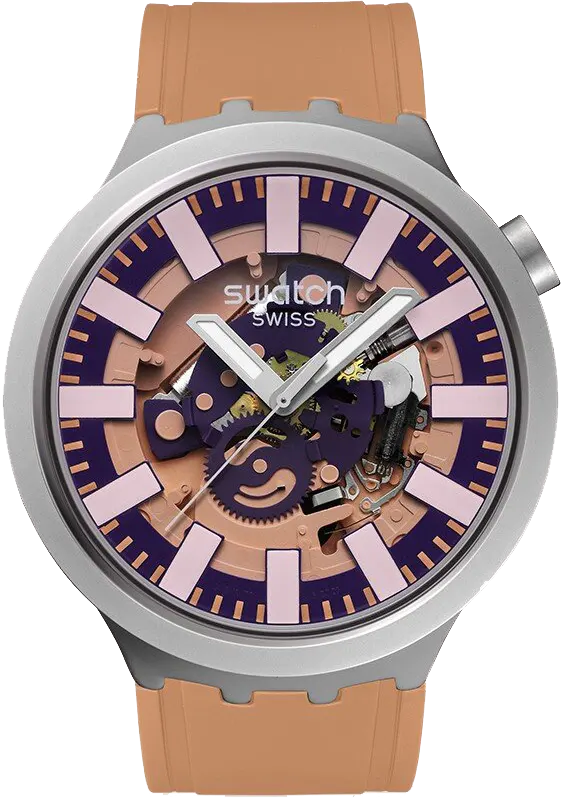 ساعة سواتش للجنسين، مينا بنفسجية، عقارب دائرية،سوار مطاطي بيج، ساعة يد تناظرية، اطار ستانلس ستيل فضي، بيج، SB07S119