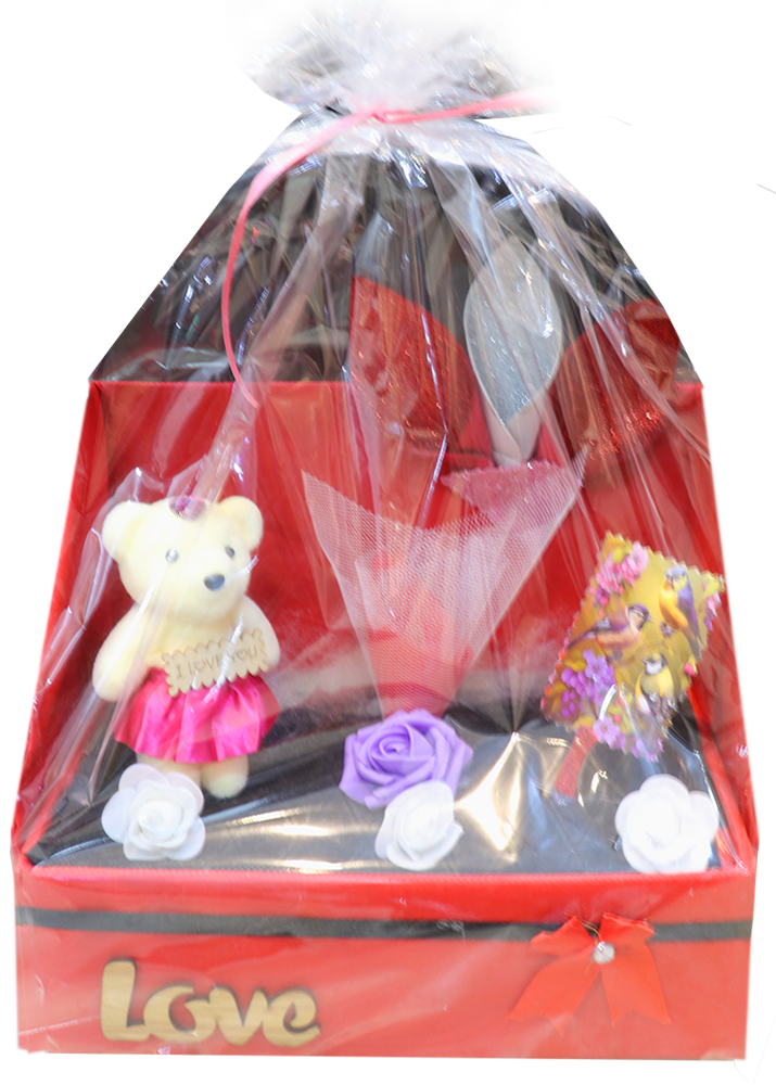 بوكس هدايا للفلانتين ، دبدوب وورود ، مقاس 40 سم ، أحمر ، موديل 17015