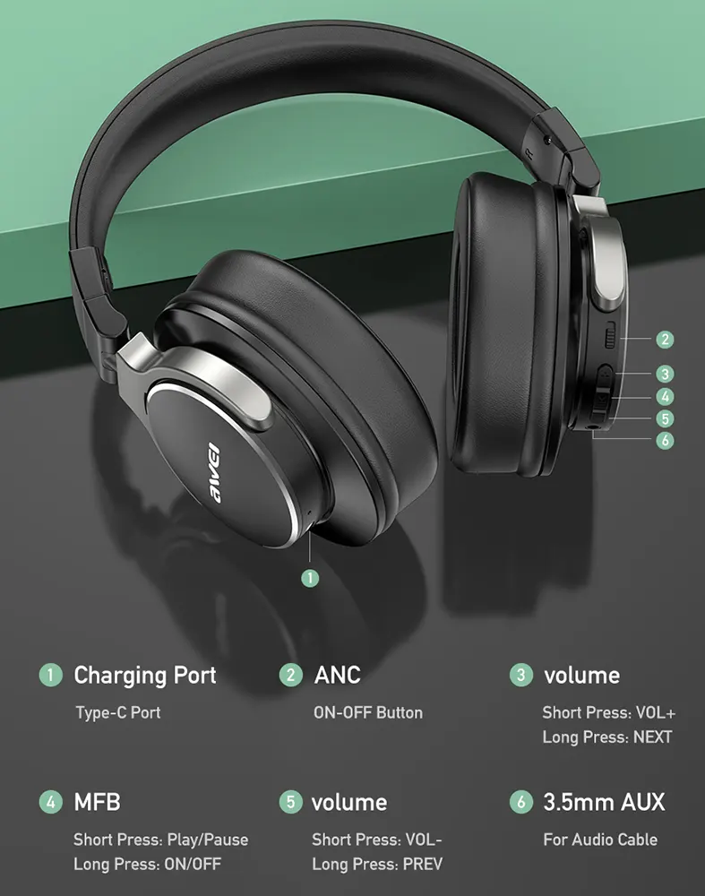 Awei Foldable Rechargeable Wireless Headphone, Bluetooth 5.3, ANC, Black, A710BL