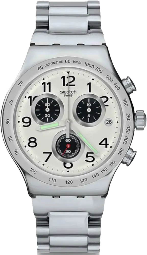 ساعة سواتش للرجال، مينا بيضاء، عقارب دائرية، سوار ستانلس ستيل فضي، ساعة يد تناظرية، فضية، YVS432GCD