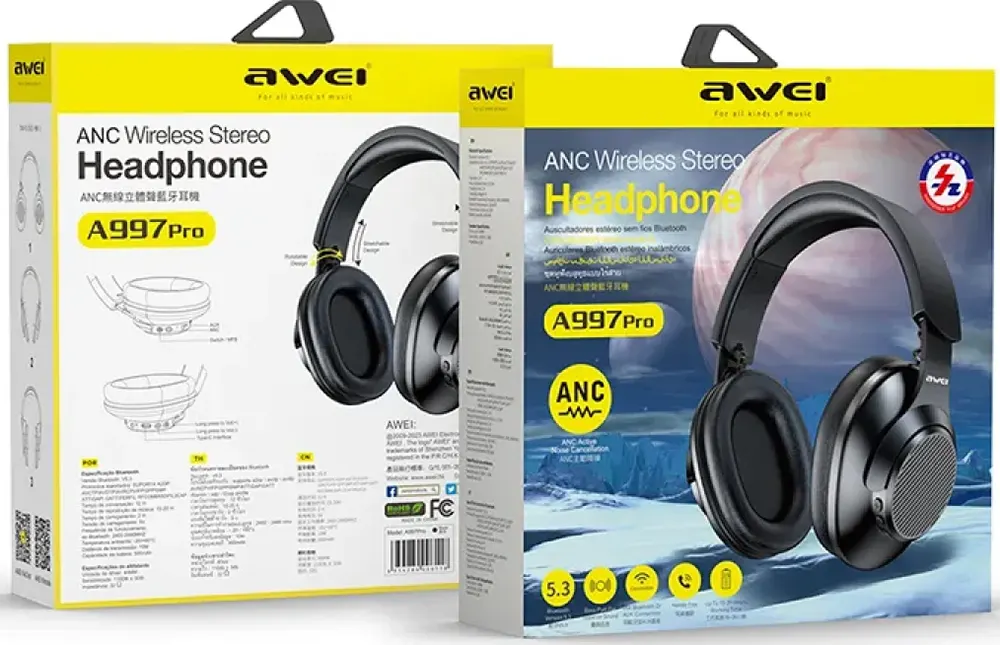Awei Rechargeable Wireless Headphone, Bluetooth 5.3, ANC, Black, A997 Pro