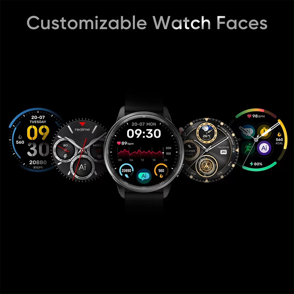 Realme Smart Watch S2, Bluetooth v5.3, 1.43 Inch Touch Screen, Water Resistant, 380mAh Battery, Midnight Black