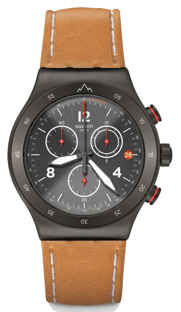 ساعة سواتش للرجال، عقارب ، بتصميم دائري ، سوار جلد بني، إطار اسود، YVZ400